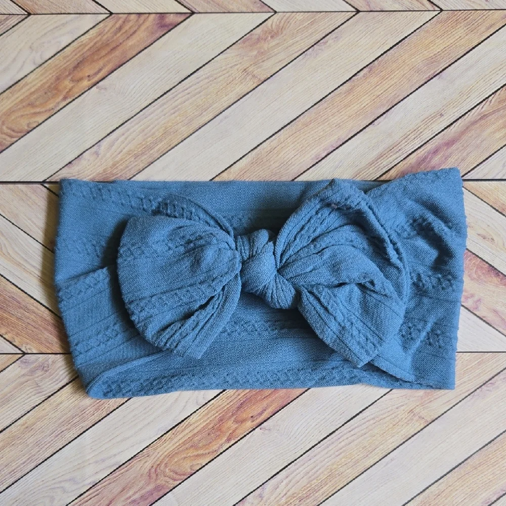 ​Dusty Blue Cable Knit Baby Headband Oversized Bow Soft Stretchy Nylon Hairband